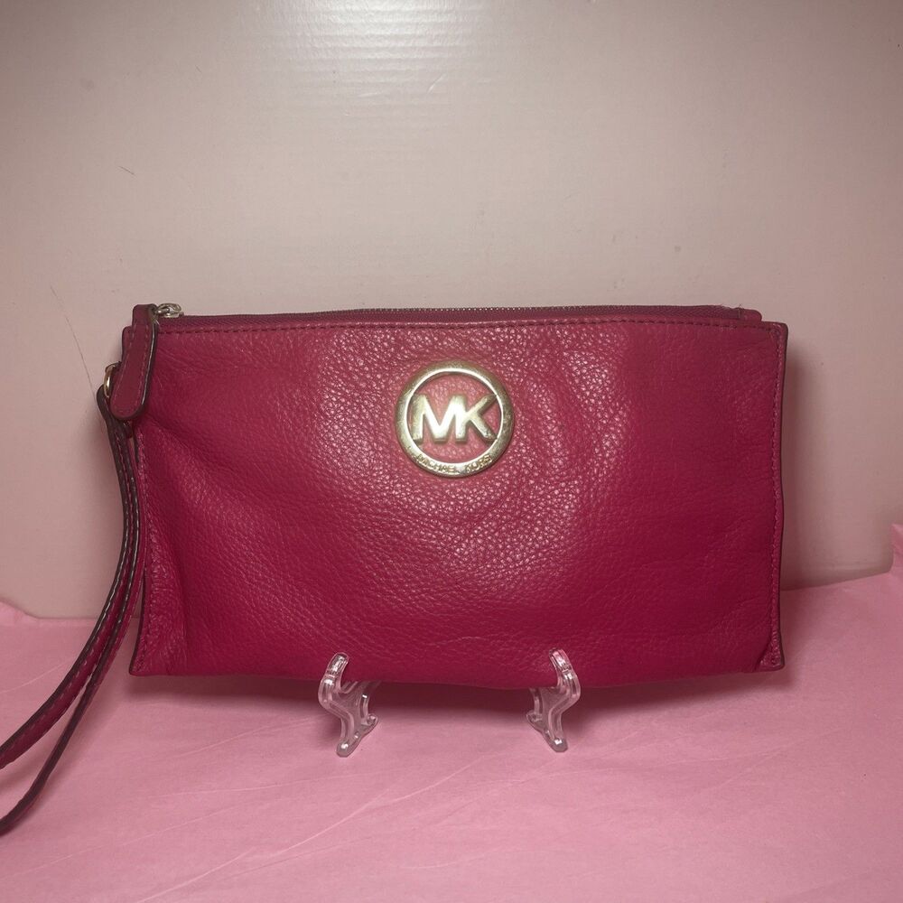 Michael Kors Jet Set Travel Pouch Wristlet Hot Pink Leather Wallet Handbag Purse